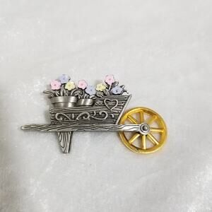 JJ pin silver tone wheel barrow with flowers 1.1423